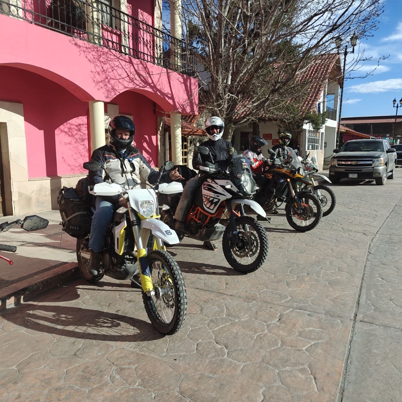 Adventure riders lined up in town